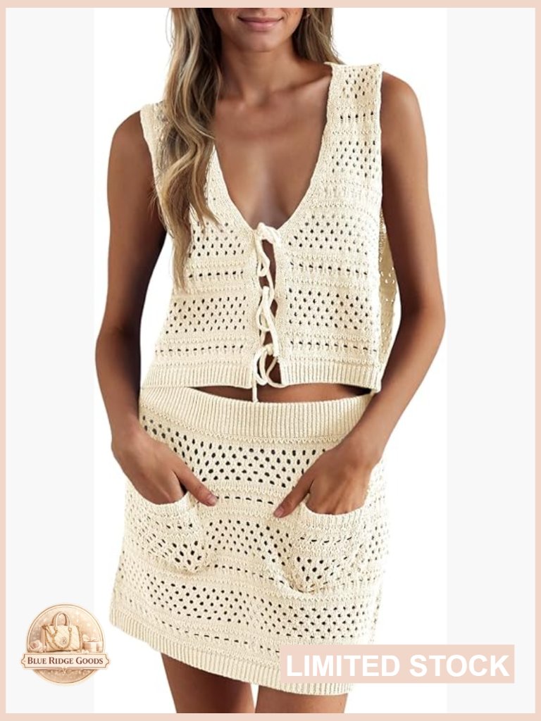 Crochet Swim Cover Up Set Boho V Neck Sleeveless Crop Top Mini Skirt Beachwear